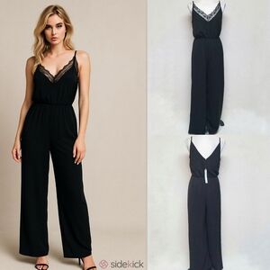 Modcloth She & Sky Black Crepe Lace Panel V-neck High Waisted Wide Leg Jumpsuit